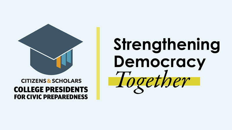 A logo with a graphic of a graduation cap and the words: Citizens & Scholars. College Presidents for Civic Preparedness. Strengthening Democracy Together.