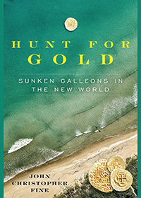 Book cover with overhead view of turquoise ocean washing up on sandy beach and words " Hunt for Gold by John Christopher Fine"