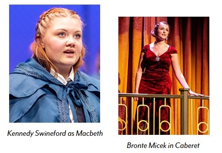 A collage of two photos showing Kennedy Swineford on stage in "Mac Beth" and Bronte Micek on stage during a production of "Cabaret"