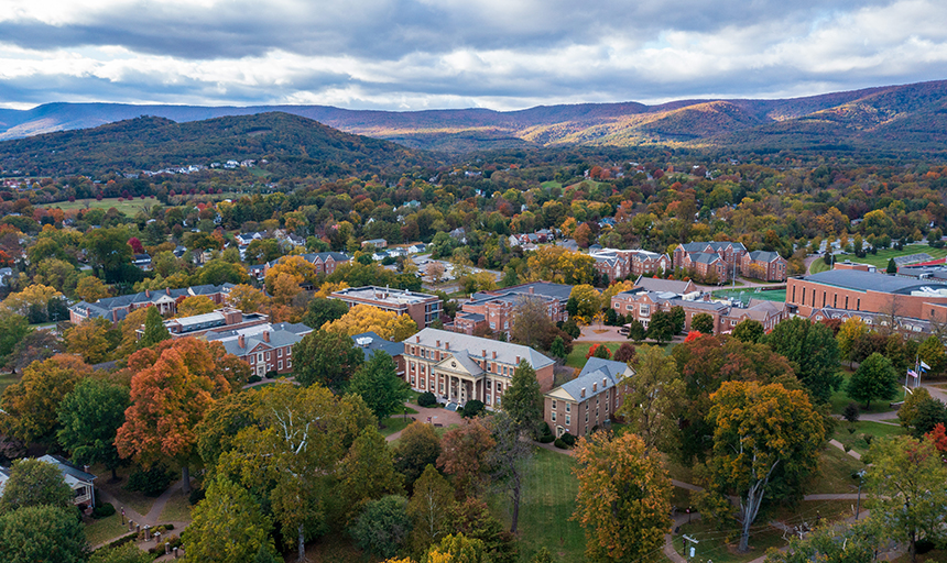 Drone shot of the Roanoke College campus with the red brick administration building at the center.
