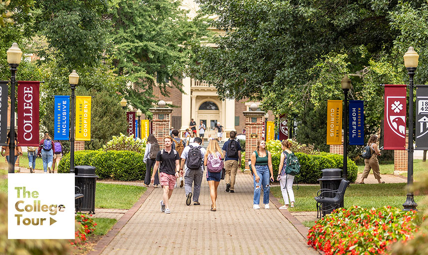 Students walking across brick sidewalk with The College Tour logo on the image