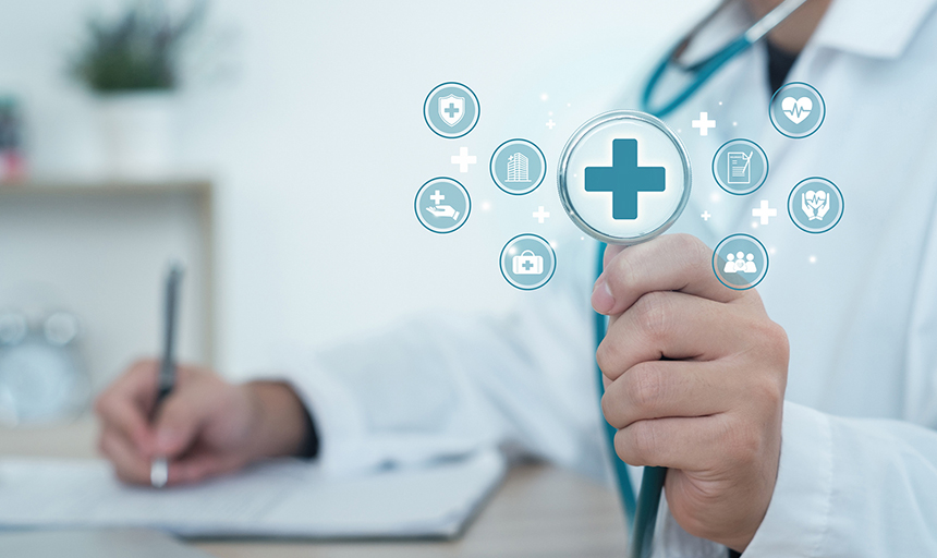 person in white coat holding stethoscope surrounded by small icons with health symbols such as a first aid kit, hospital, heartbeat, family, shield with cross