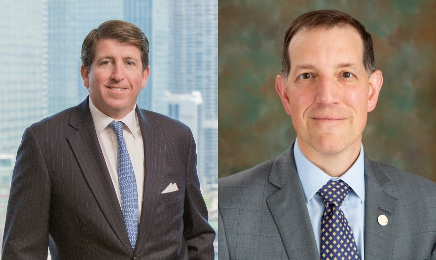 Side by side headshots of men in dark suits and ties.