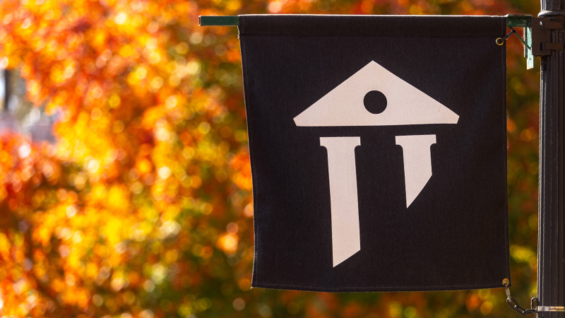 Banner with college graphic hangs from lamp post on campus quad