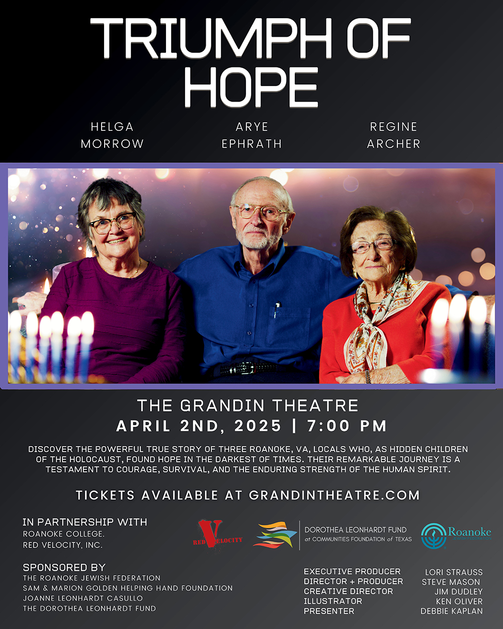 Poster for a film screening of Triumph of Hope with photo of three elderly Holocaust survivors sitting side by side.