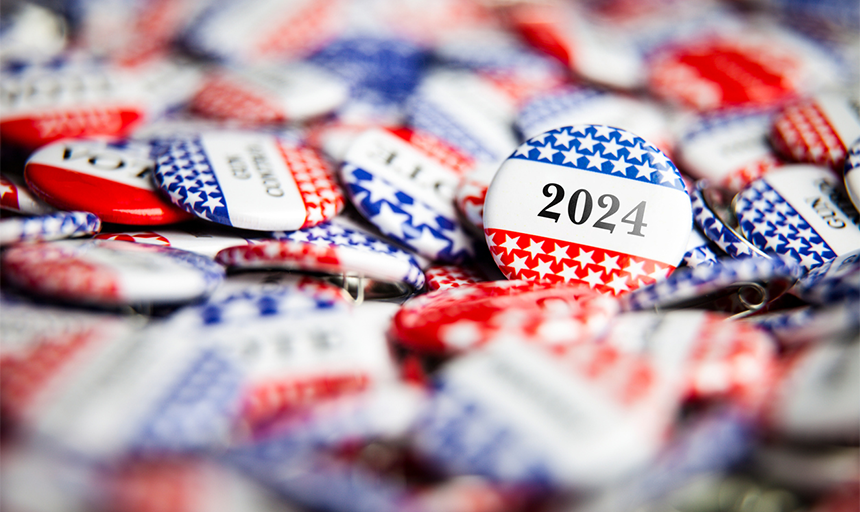 red white and blue buttons with 2024 printed on them