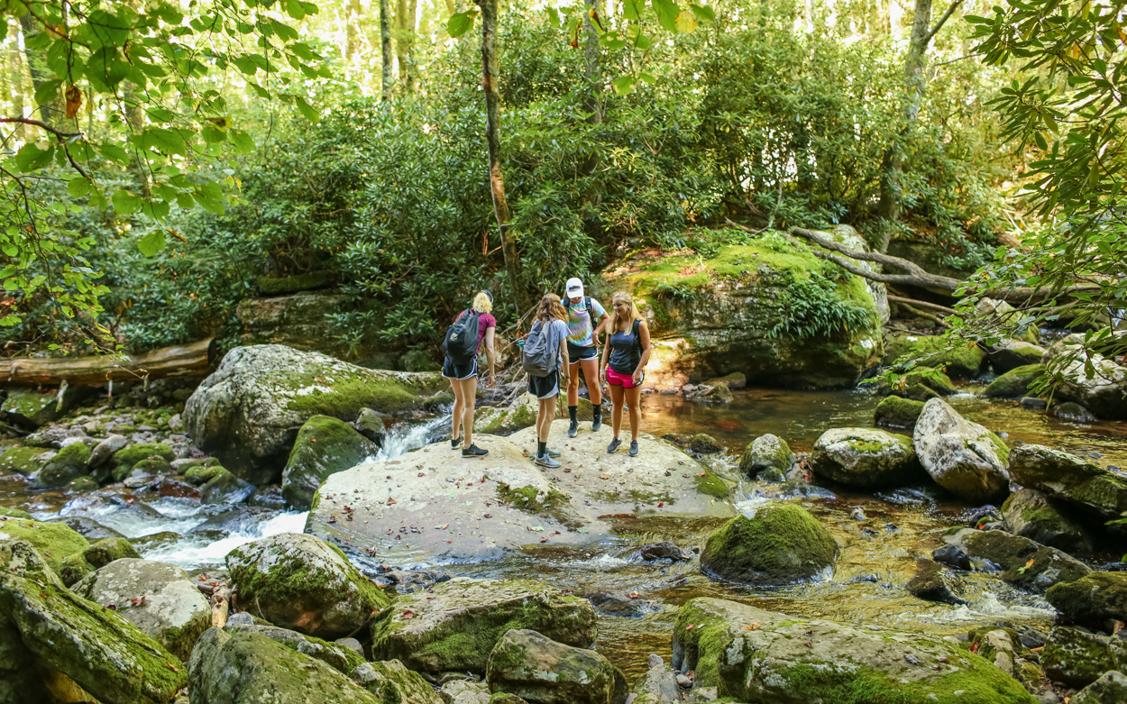 students hiking along a river