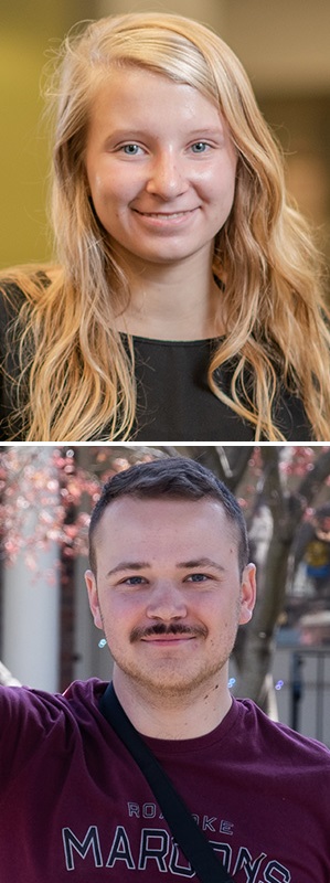 Un collage de dos fotos que muestran a Catherine Charbonneau '23 y George Kendall '23 sonriendo para una foto.