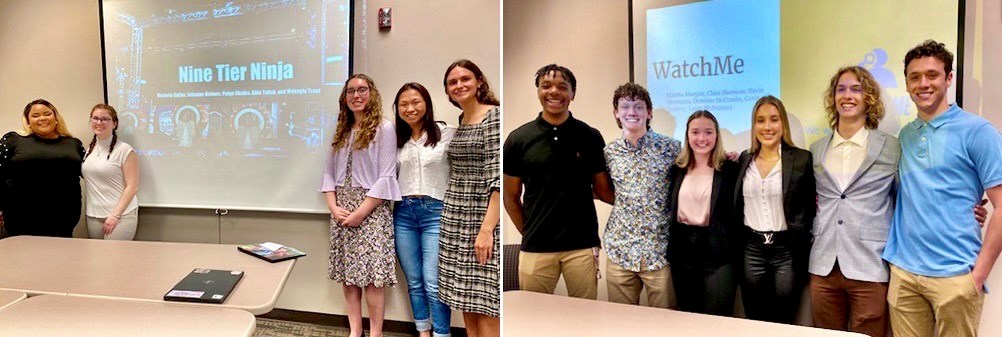 A collage of two images featuring the two student teams that tied for third place in The Pitch