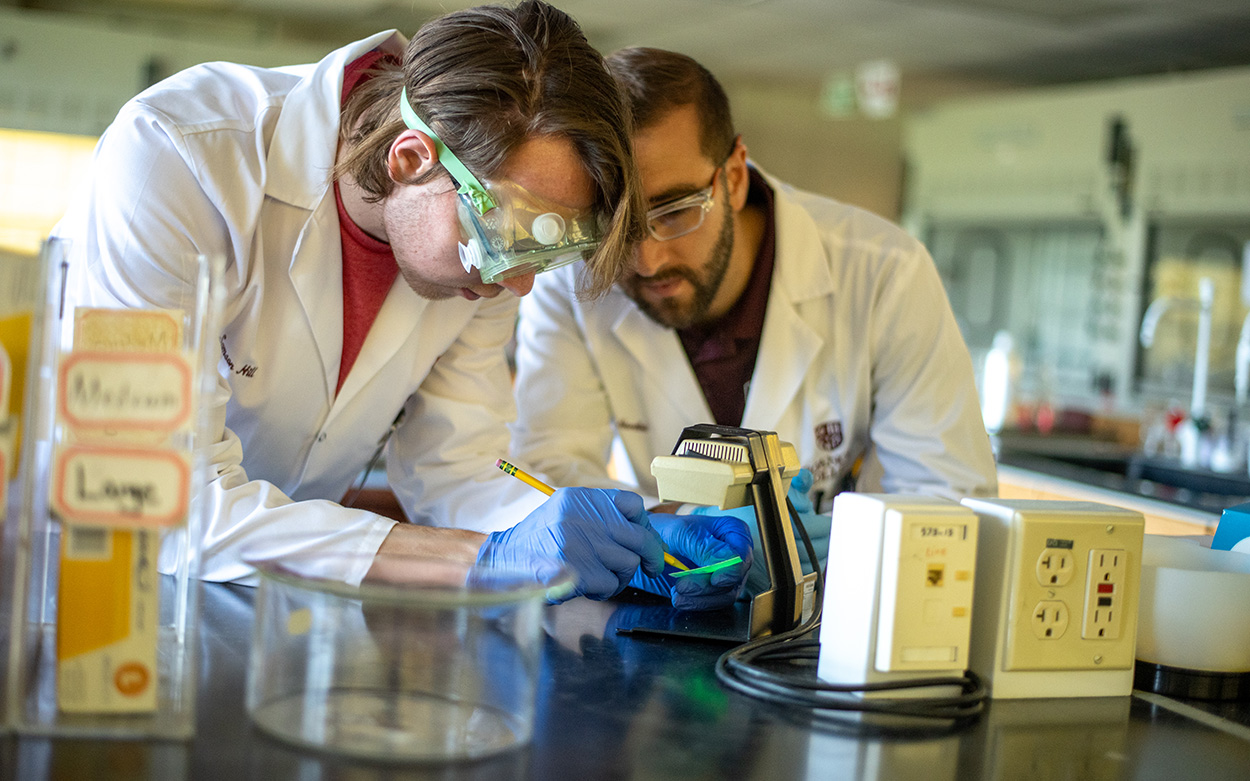 Professor working with students during a lab